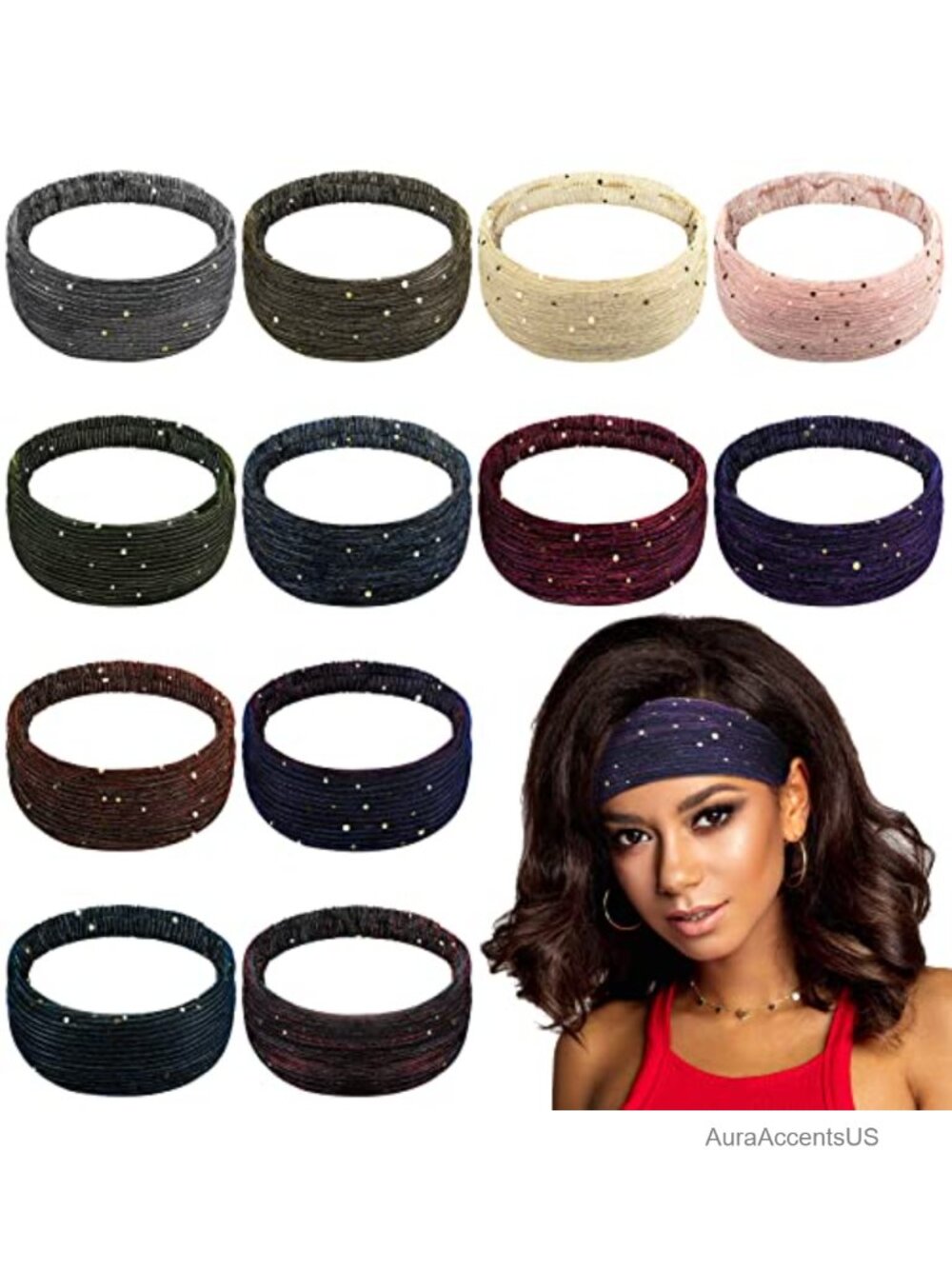 12 Pcs Bling Sequins Wide Headbands Spandex Elastic Hair Accessories